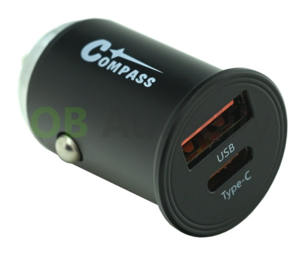 Zástrčka nízkoprofilová QC3/PD3 USB-A/USB-C 30W (12/24V) - Compass