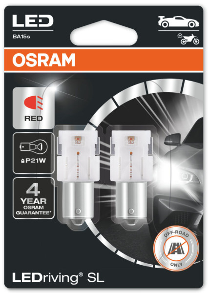 LED žárovka OSRAM 12V P21W BA15s (2 ks) - červená