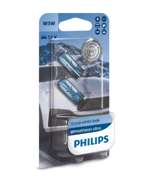 autožárovka PHILIPS 5W 12V W2,1x9,5d celosklo WhiteVision ultra - 2 ks